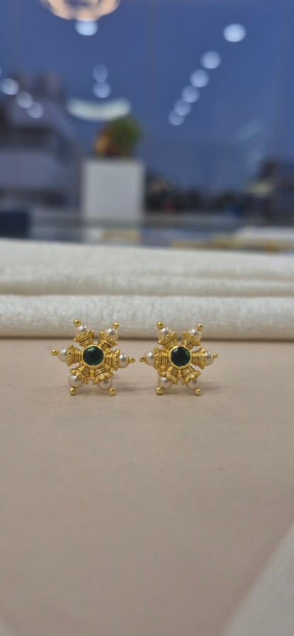 Pearl stud with center green stone