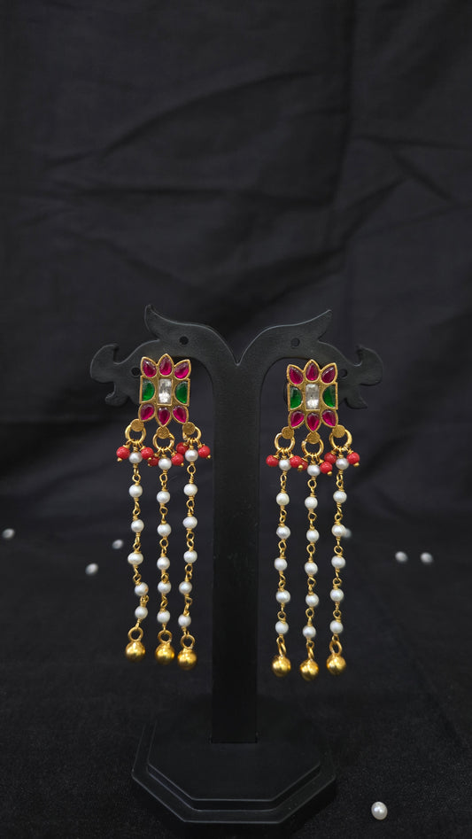 Kundan Earrings with long pearl drops