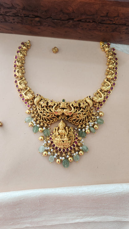 Deep 5D Nakas Necklace with Laxmi and beautiful peacock motifs