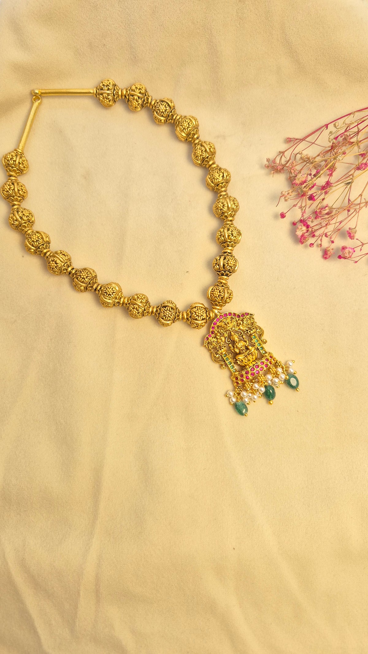 3D Ball chain Lakshmi red and green stone necklace with earrings set