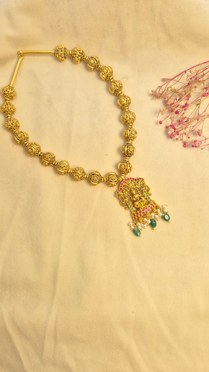 3D Ball chain Lakshmi red and green stone necklace with earrings set