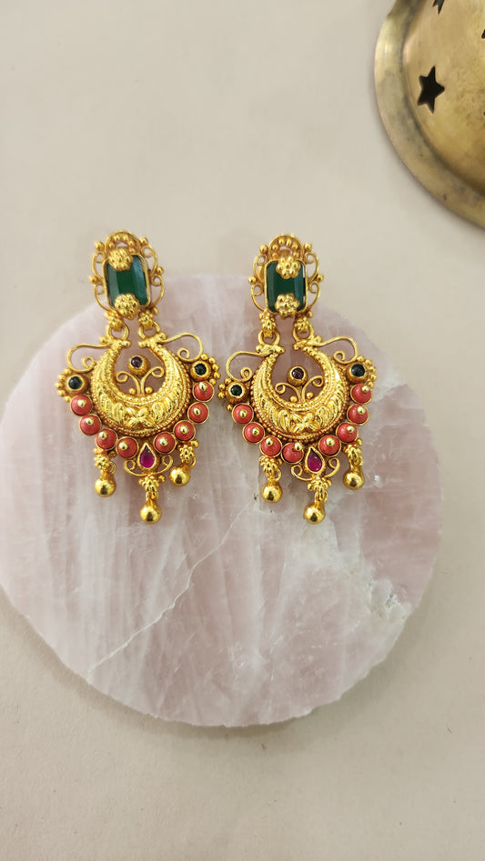 Coral and green stone Nakas Chandbali