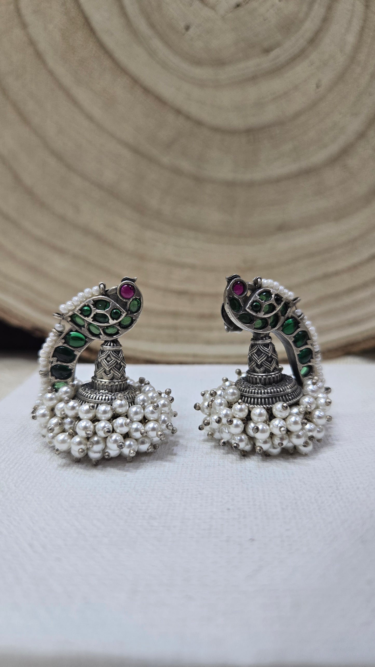 Kundan Parrot oxidised earring with real pearls