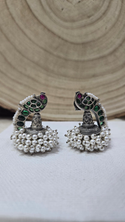Kundan Parrot oxidised earring with real pearls