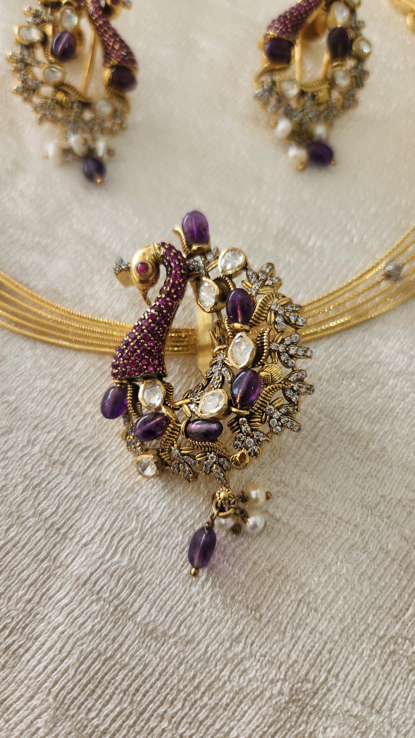 Hasli with lavender peacock motifs Victorian pendant set