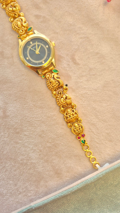 Peacock and lakshmi silver strap with black dial watch