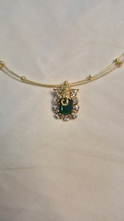 Ganesha green pendant with 2 line gold ball hasli