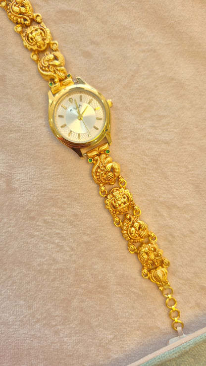 Peacock and lakshmi silver strap with white dial watch