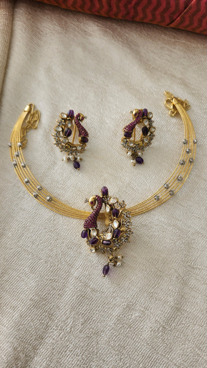 Hasli with lavender peacock motifs Victorian pendant set