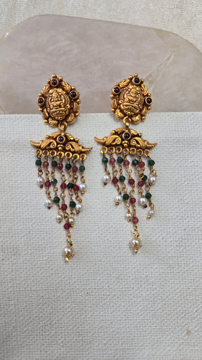 Pearl and green bead Hanging Nagas Earrings