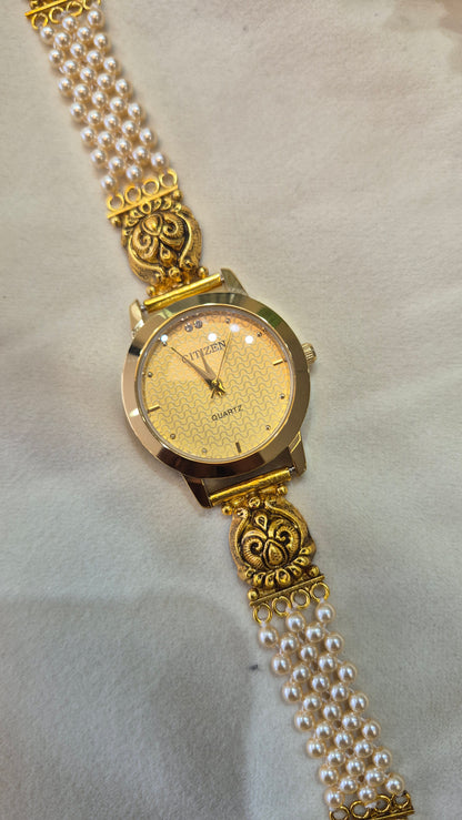 Gold Dial nakas pearl strap watch