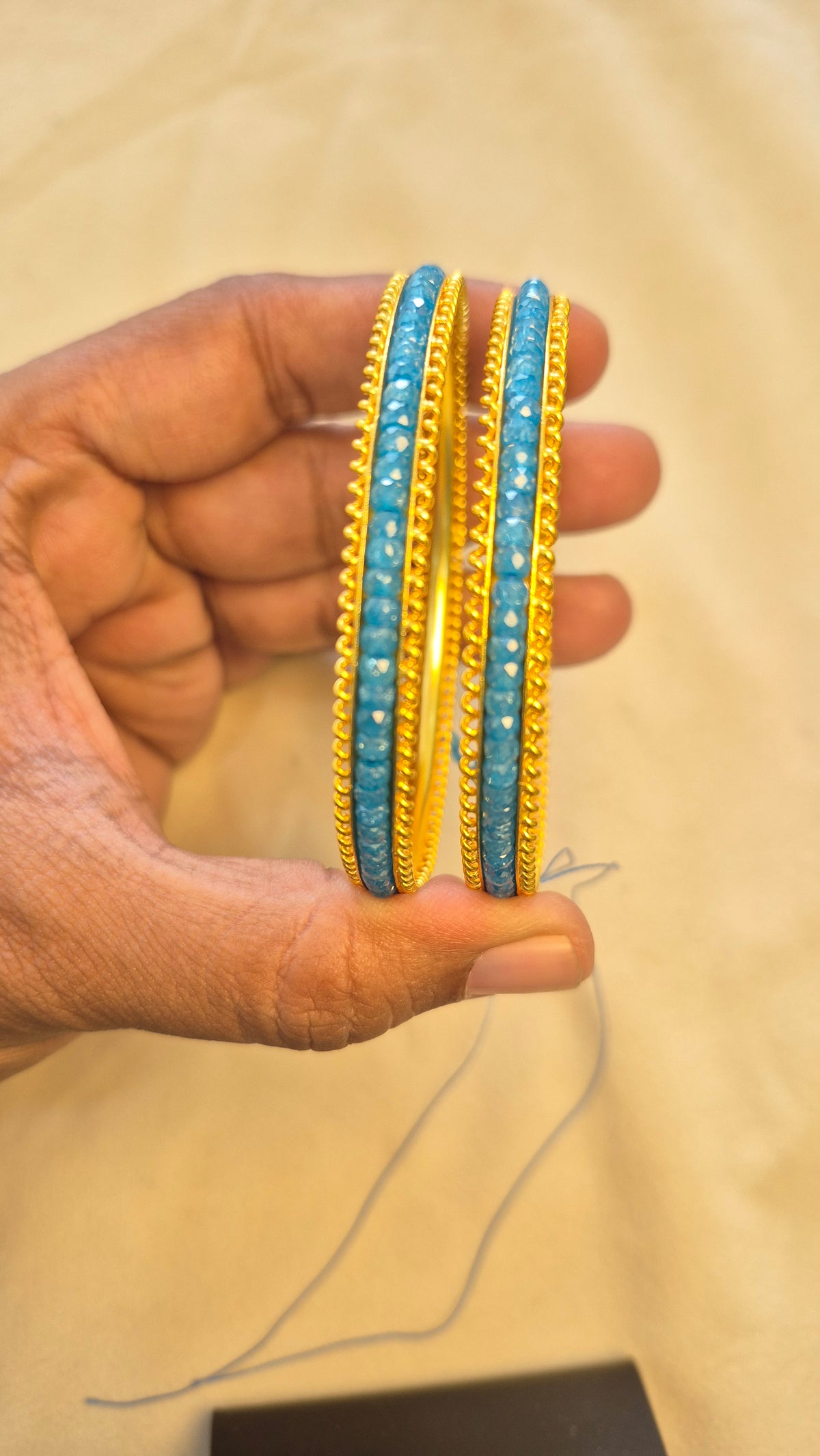 Blue Beads in Silver String for Colour Changeable Bangle (1 Pair)