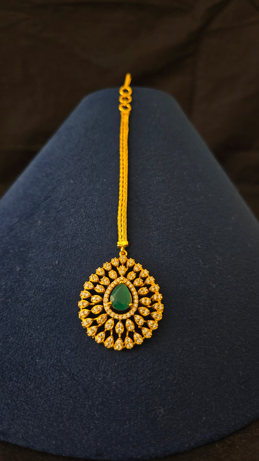 Cz maang tikka with center green stone