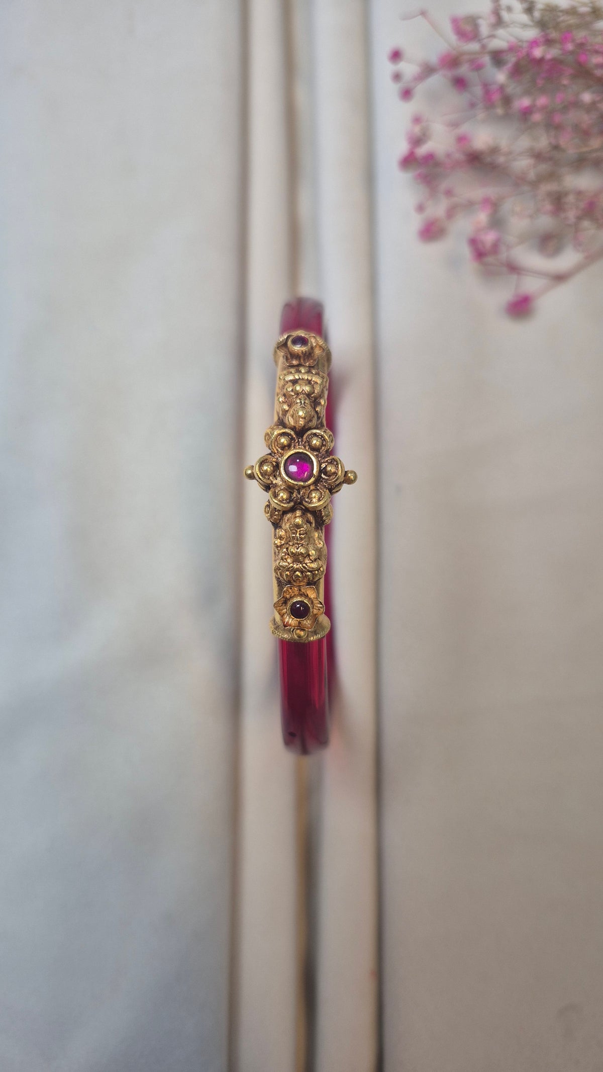 12 colour Nakas Mogappu bangle with Green and Red stone with lakshmi motiffs