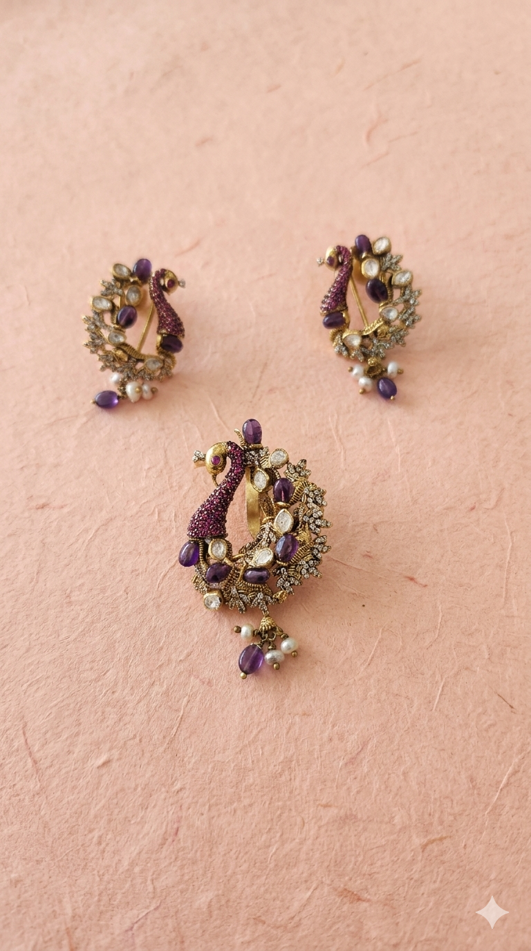 Hasli with lavender peacock motifs Victorian pendant set