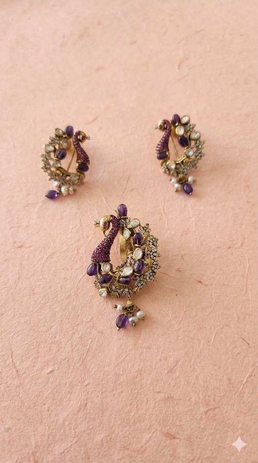 Hasli with lavender peacock motifs Victorian pendant set