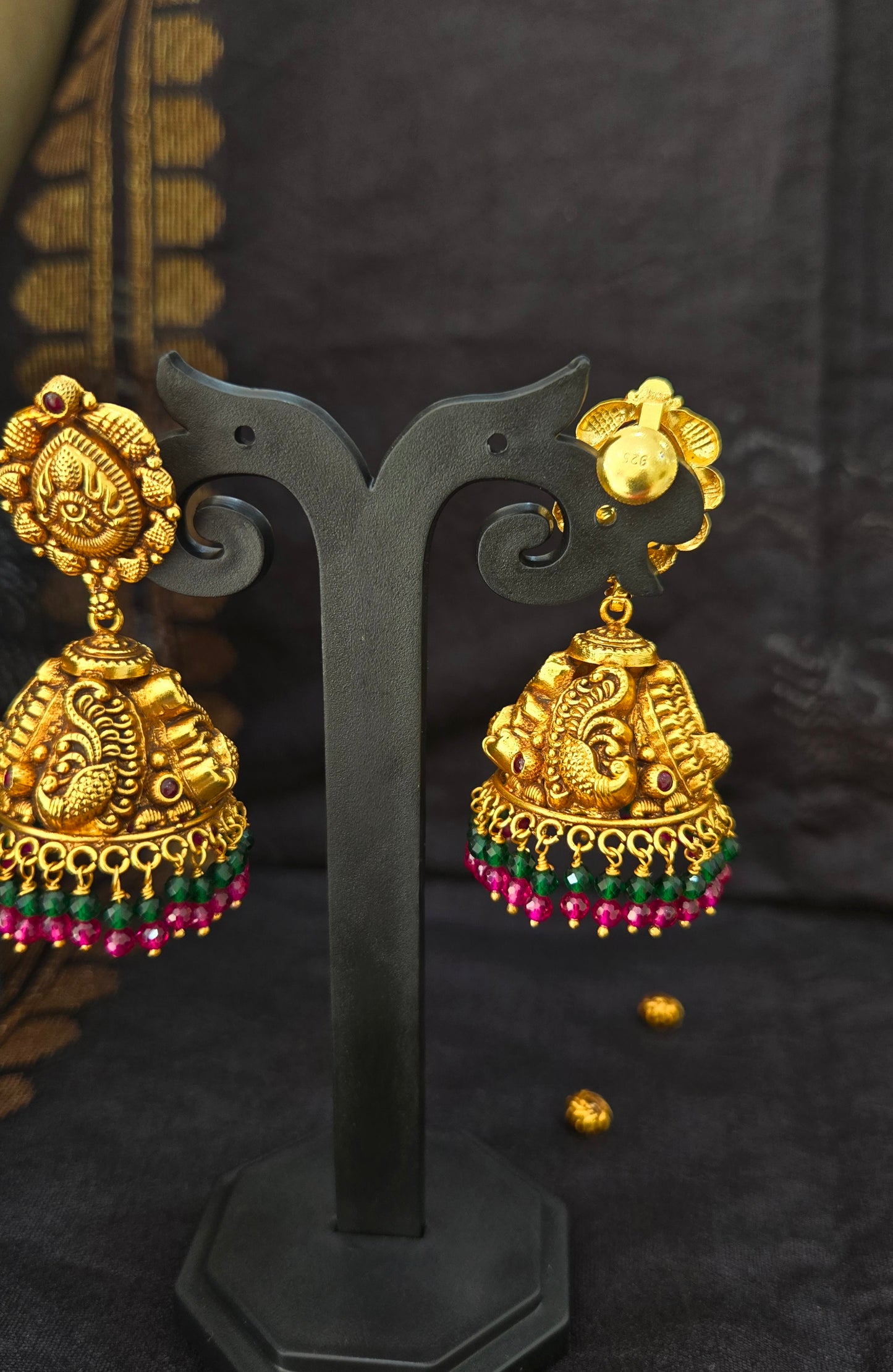 Big Nakas jhumka with green and pink bead drops