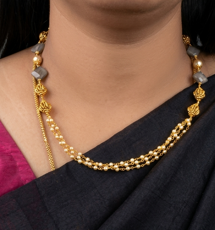 Pearls mala with silver balls