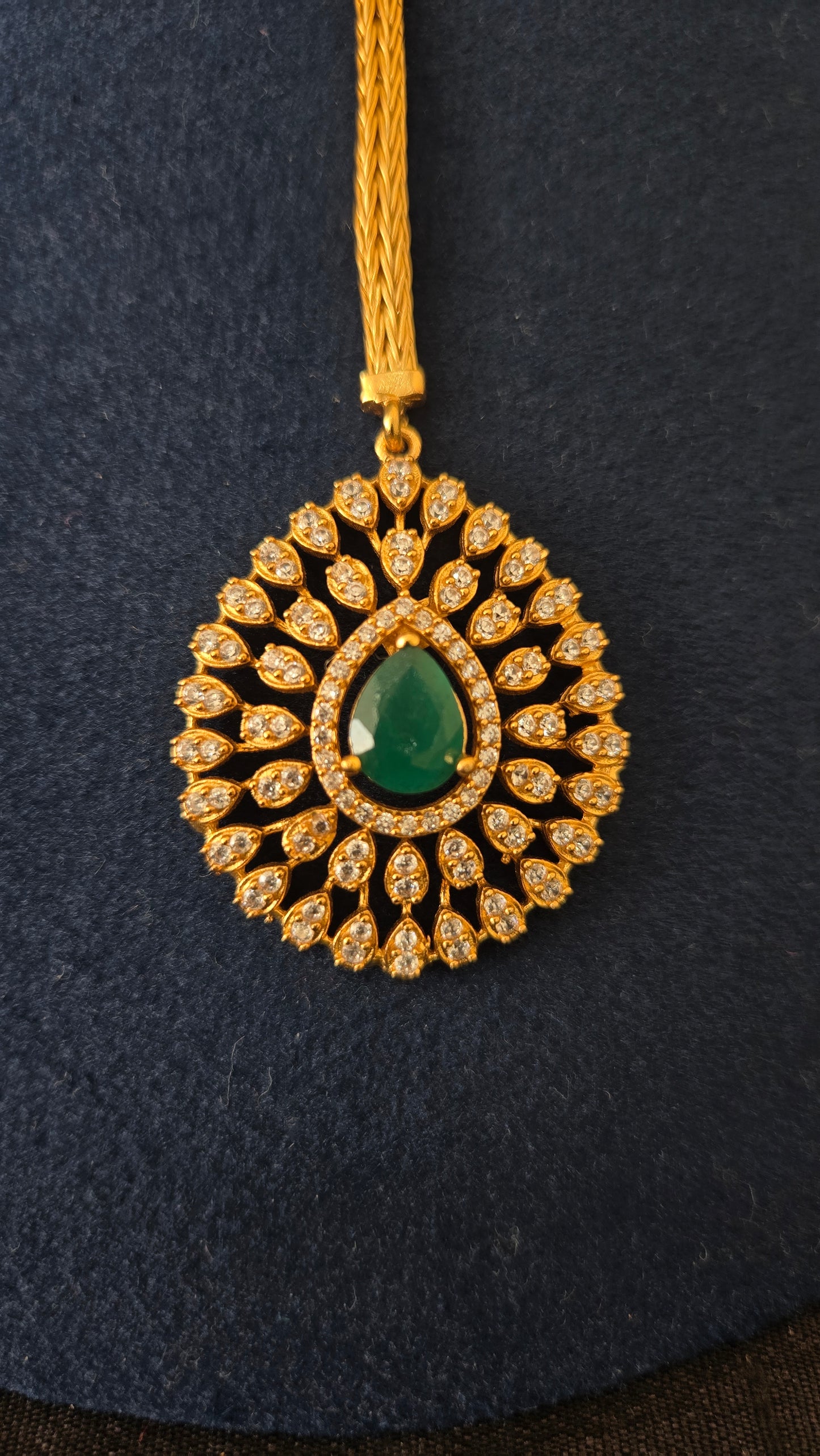 Cz maang tikka with center green stone
