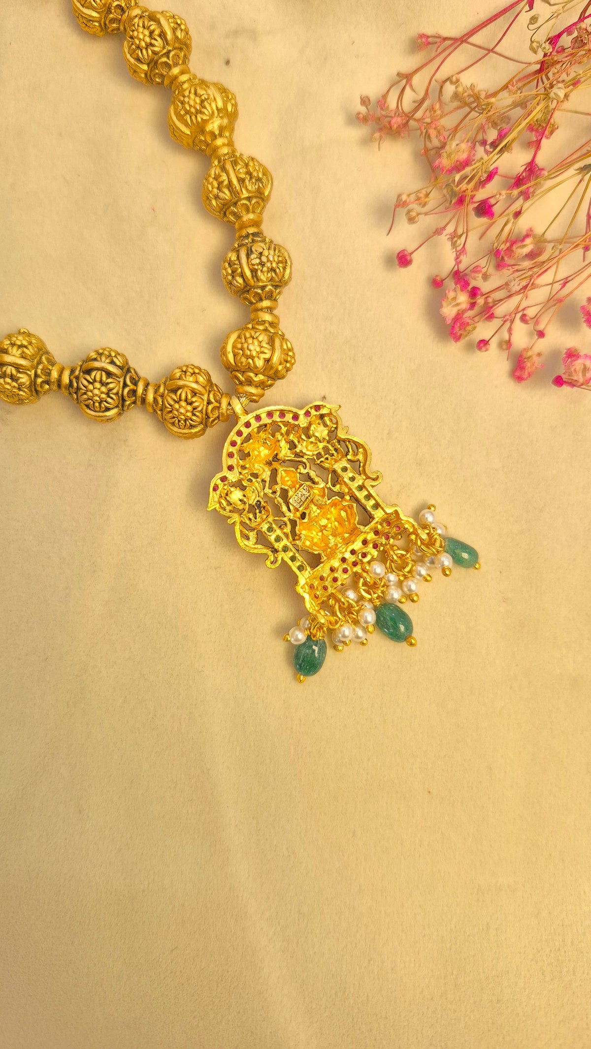 3D Ball chain Lakshmi red and green stone necklace with earrings set