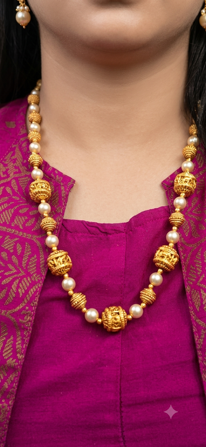 Pearls mala with silver balls
