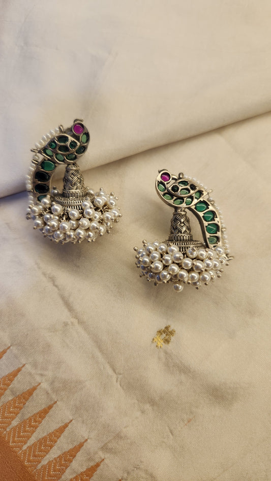 Peacock pearls silver fusion earrings