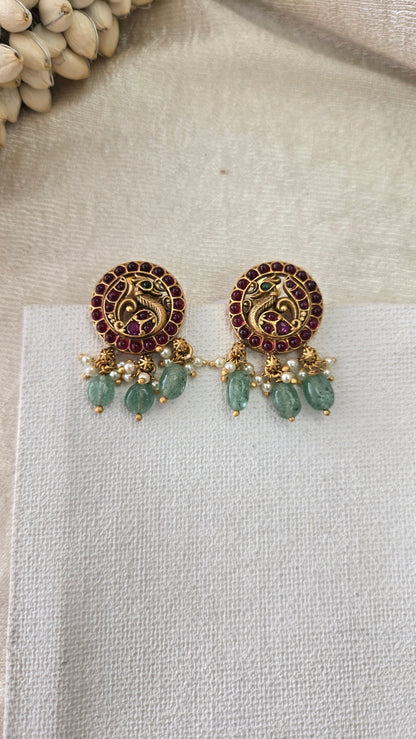 Peacock kundan earrings with green bead drops