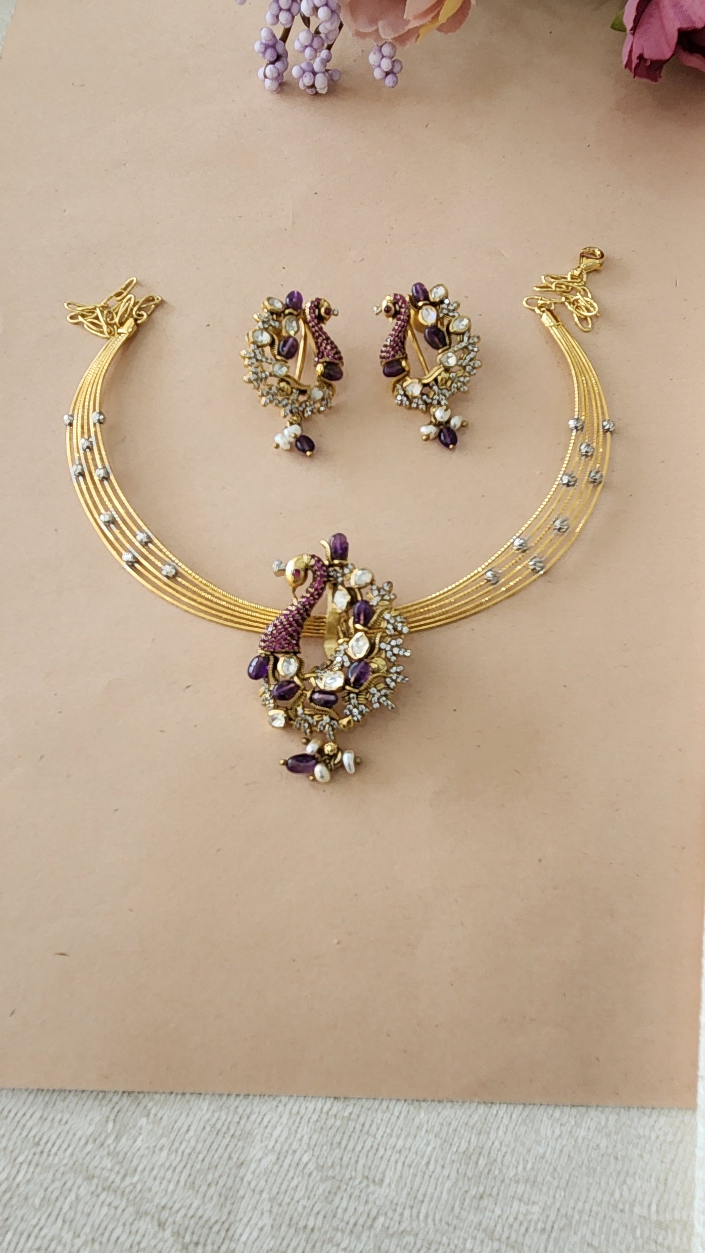 Hasli with lavender peacock motifs Victorian pendant set