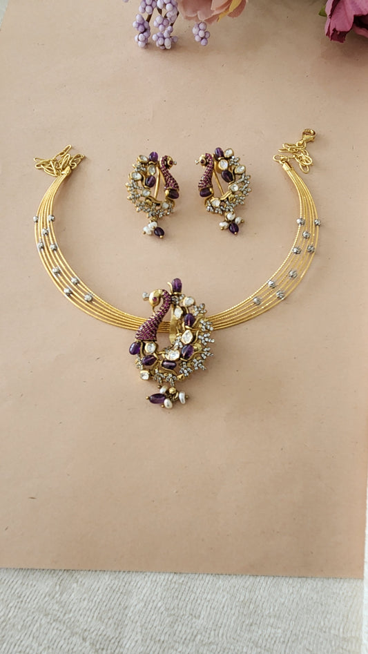 Hasli with lavender peacock motifs Victorian pendant set