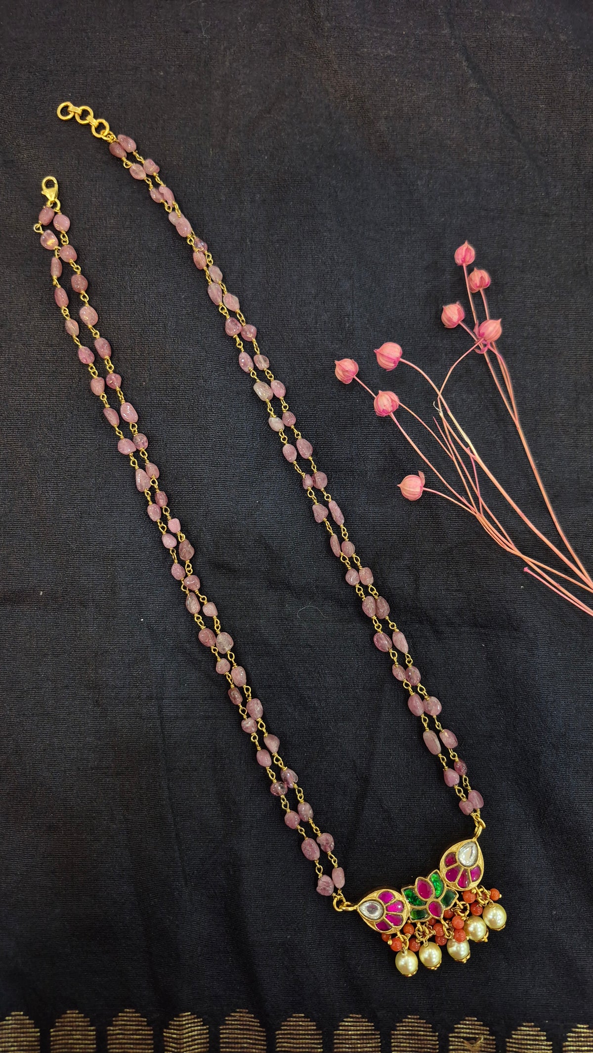 Ruby beads mala with kundan pendant
