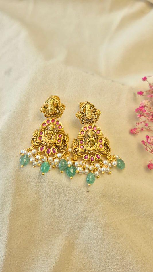 3D Ball chain Lakshmi Balaji red stone necklace with earrings set