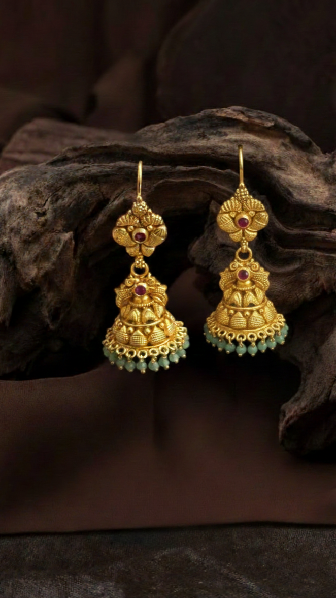Hook Jhumka with bottle green drops