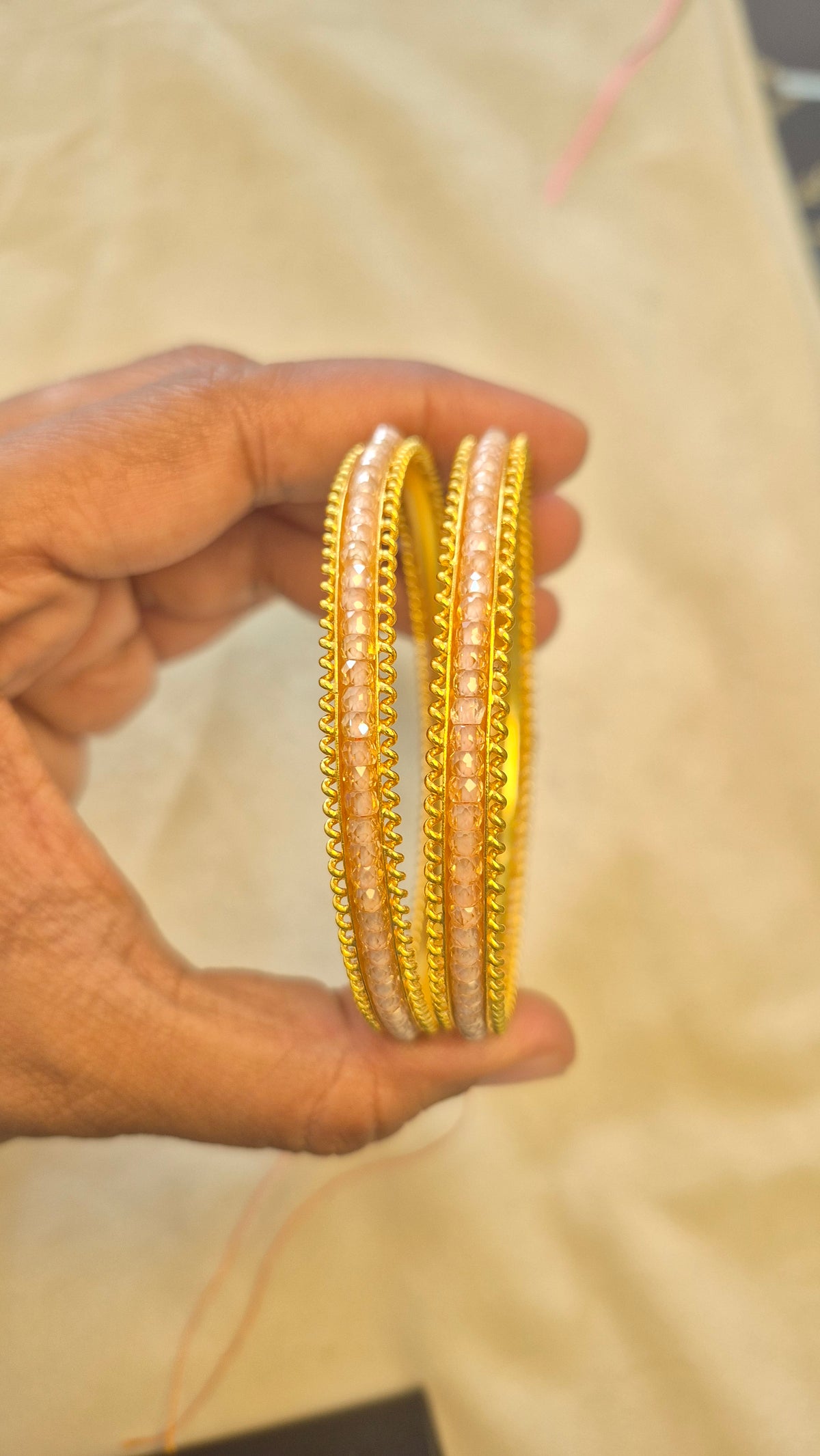 Golden shimmer Peach Beads in Silver String for Colour Changeable Bangle (1 Pair)