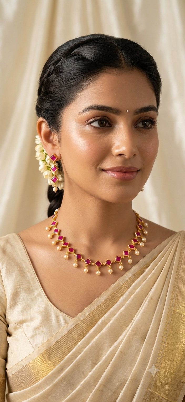 Red stone pearl short necklace