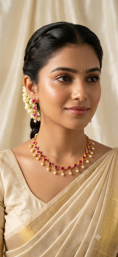 Red stone pearl short necklace