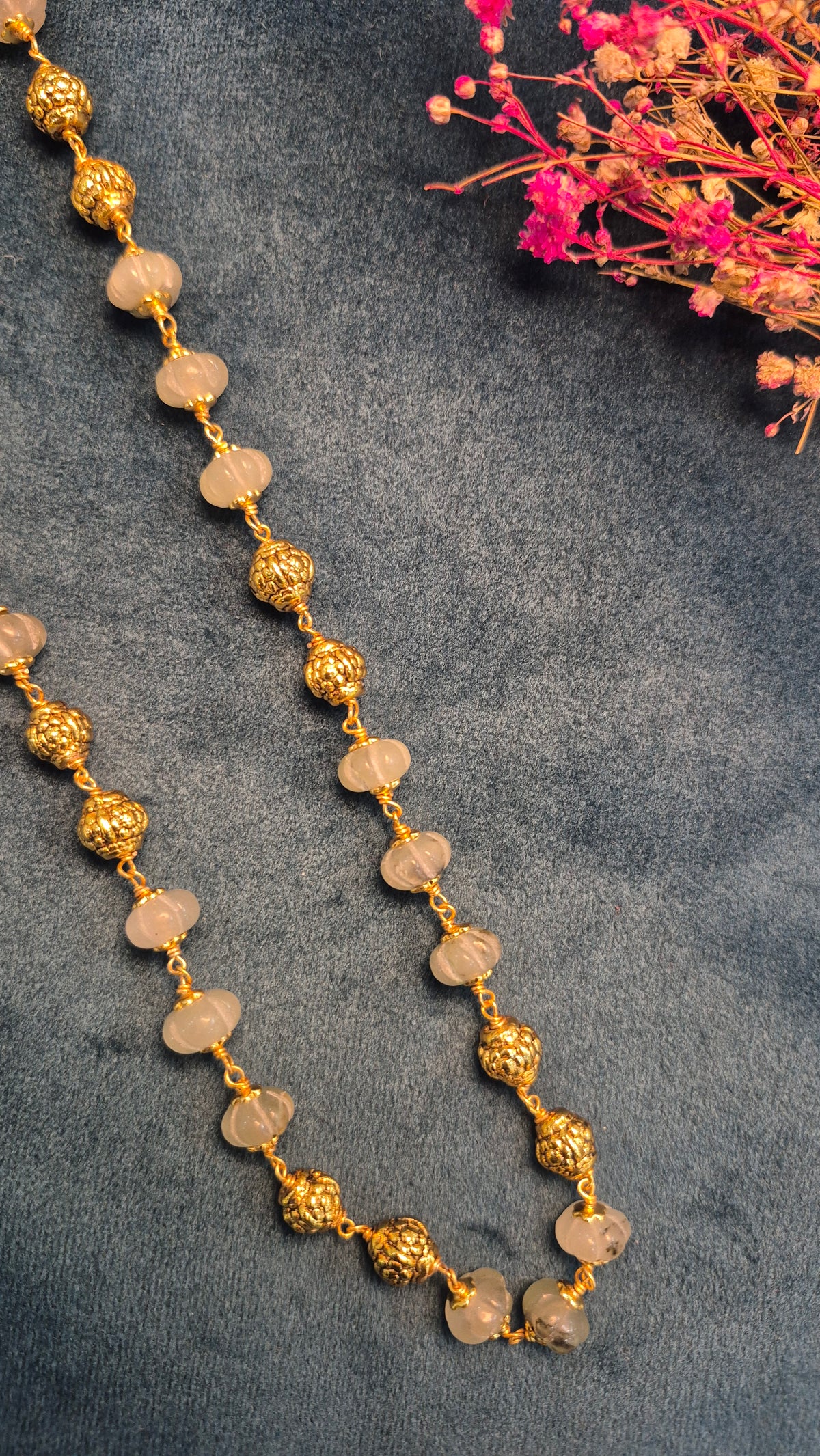 Pumpkin carved strawbery Quartz mala with silver balls