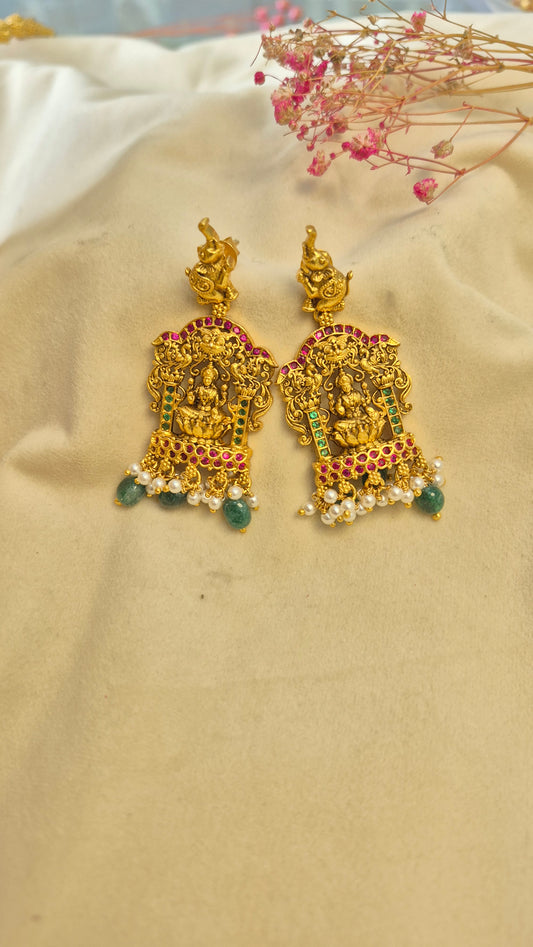 3D Ball chain Lakshmi red and green stone necklace with earrings set