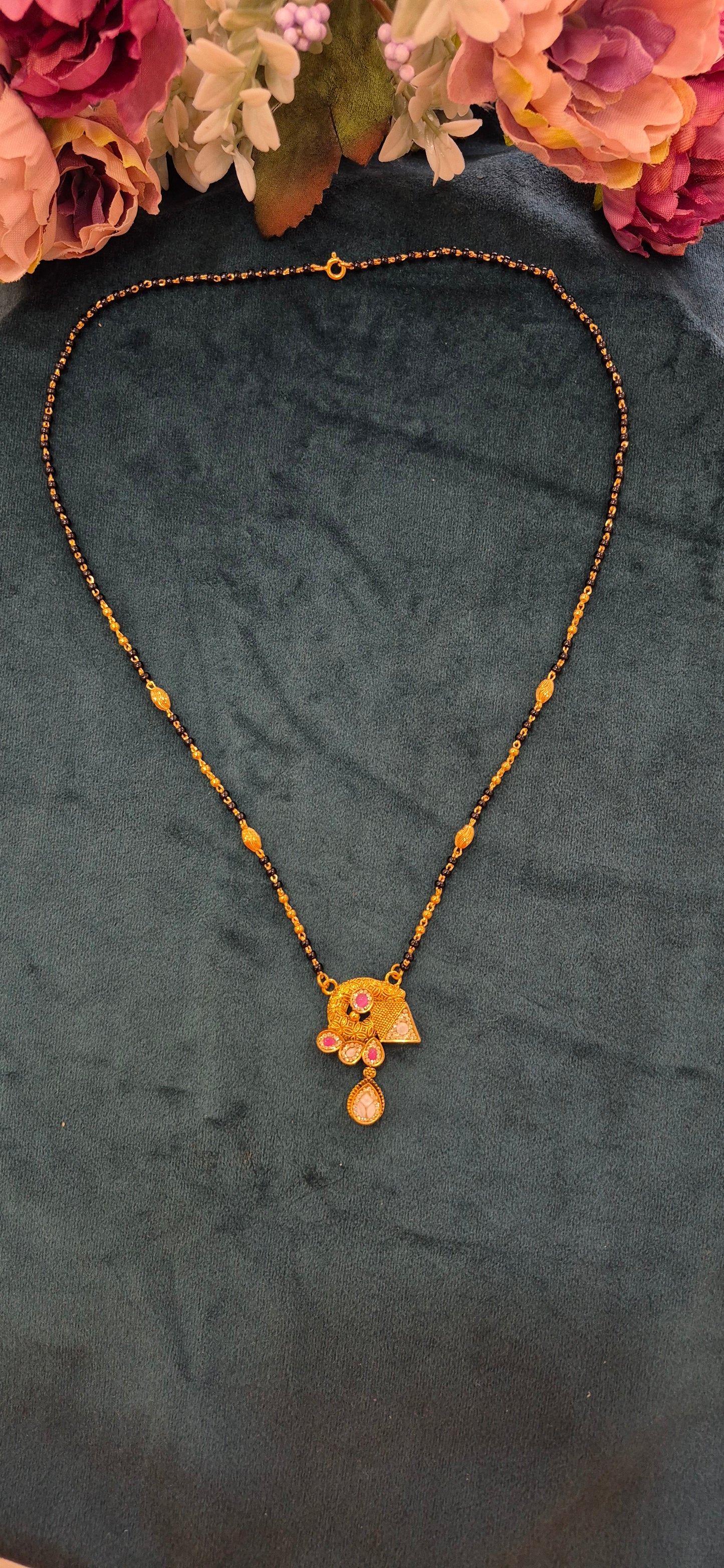 Exclusive Black beads mangalsutra chain with sanch work pendant and earrings