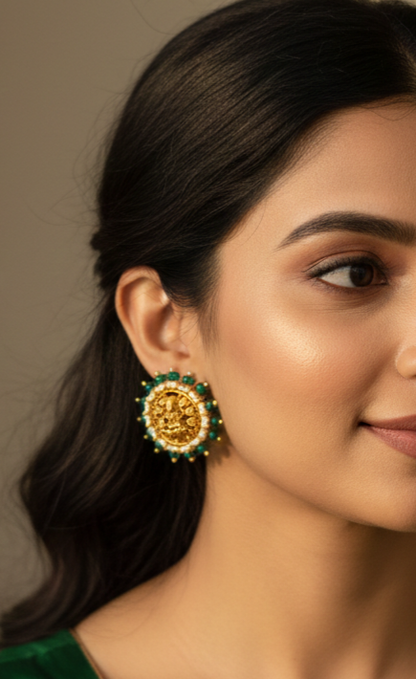 Green pumpkin bead laxmi studs