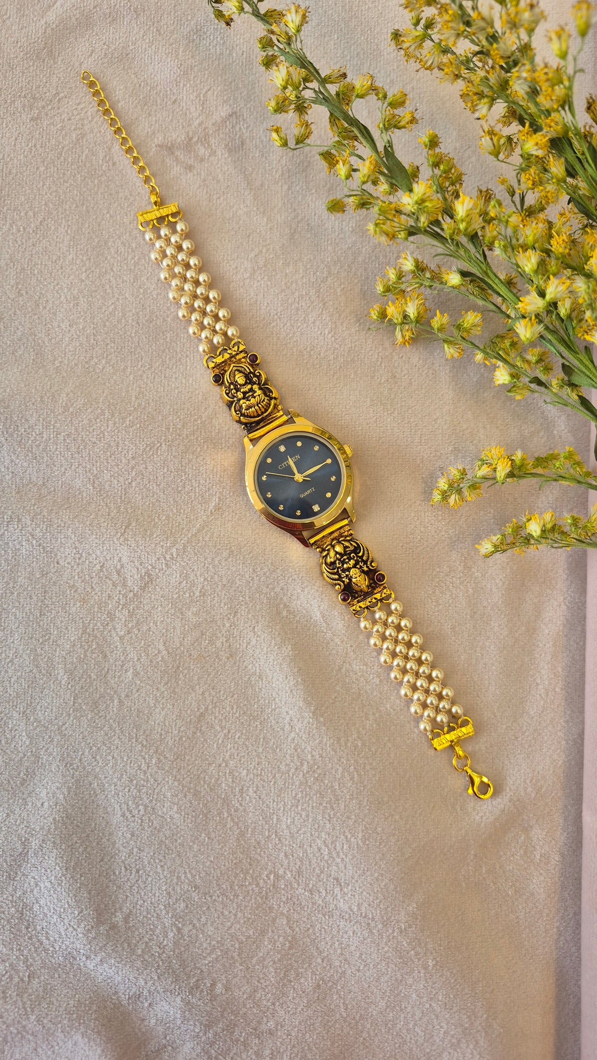 Blue Dial lakshmi pearl strap watch