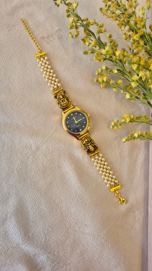 Blue Dial lakshmi pearl strap watch