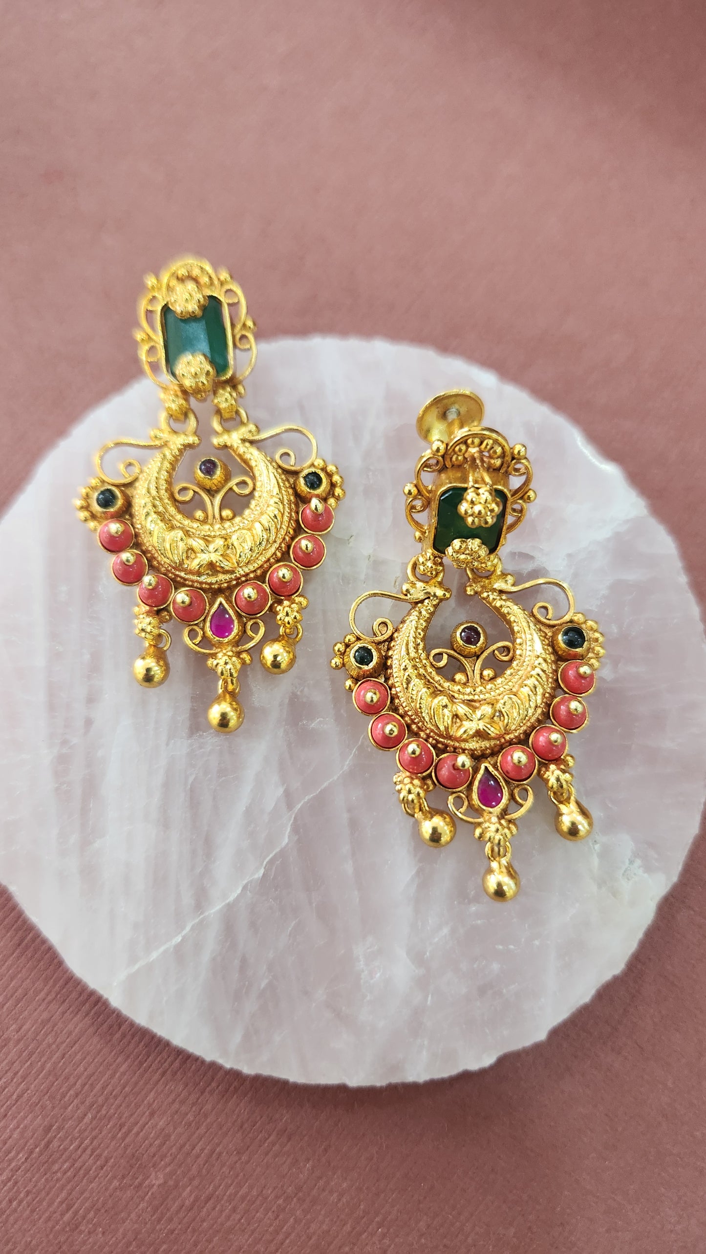 Coral and green stone Nakas Chandbali