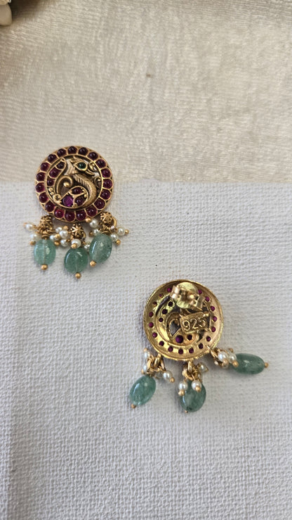 Peacock kundan earrings with green bead drops