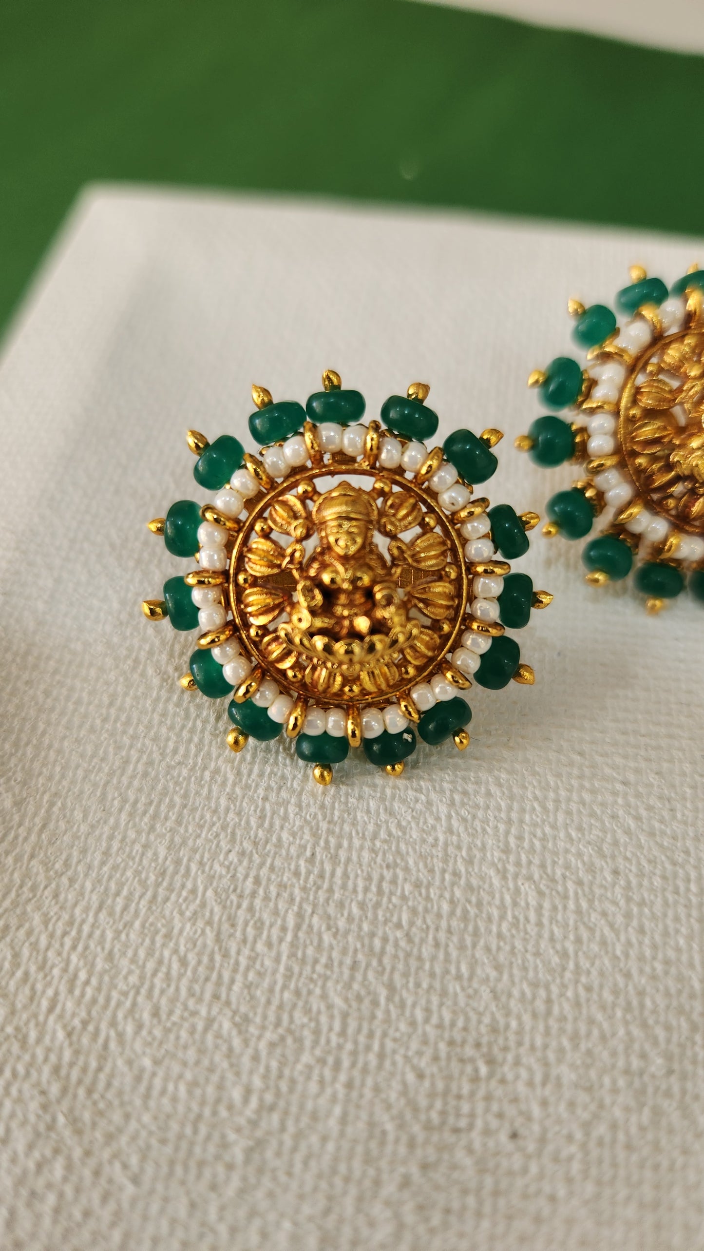 Green pumpkin bead laxmi studs