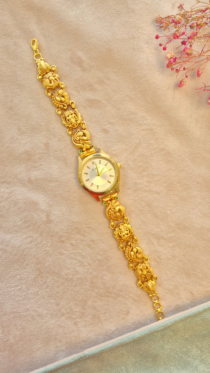 Peacock and lakshmi silver strap with white dial watch