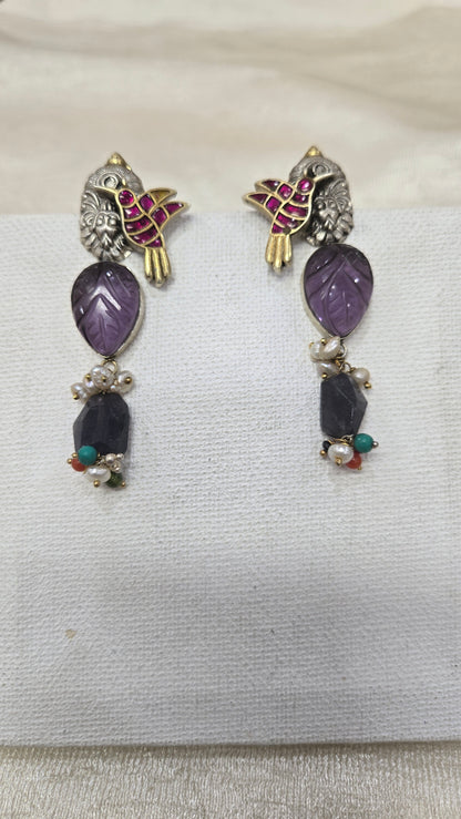 Dual tone oxidised earring with semiprecious stones and kundan bird motifs