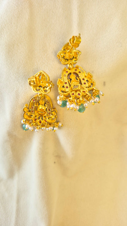 3D Ball chain Lakshmi Balaji red stone necklace with earrings set