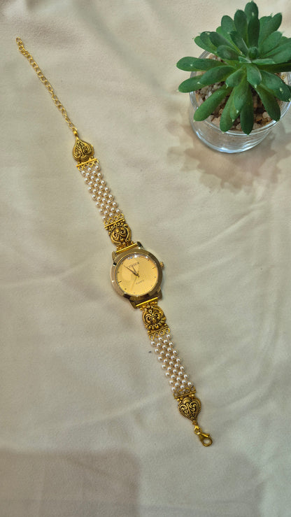 Gold Dial nakas pearl strap watch