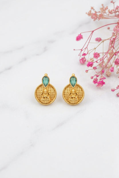 Small green stone Lakshmi coin stud