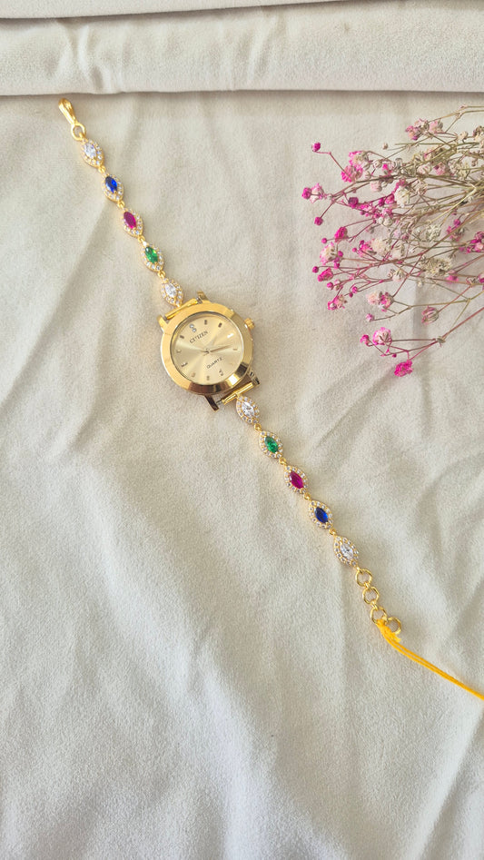Gold Dial CZ colour stone watch
